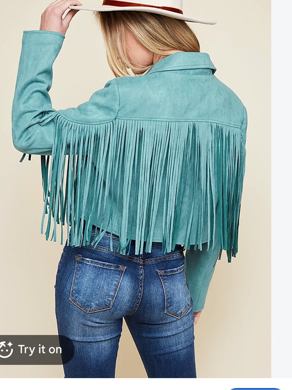 NWT! Saints and Hearts Teal Faux Suede Fringe Cropped Jacket, size medium